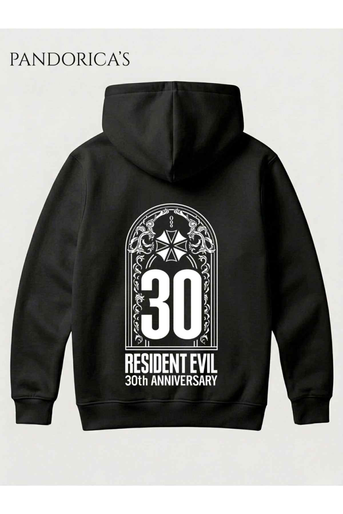 Siyah Resident Evil 30. Yıl Özel Tasarımı Yazılı Sırt Ve Ön Baskılı Unisex Kapüşonlu Pamuklu Gamer Sweatshirt Hoodie - 52