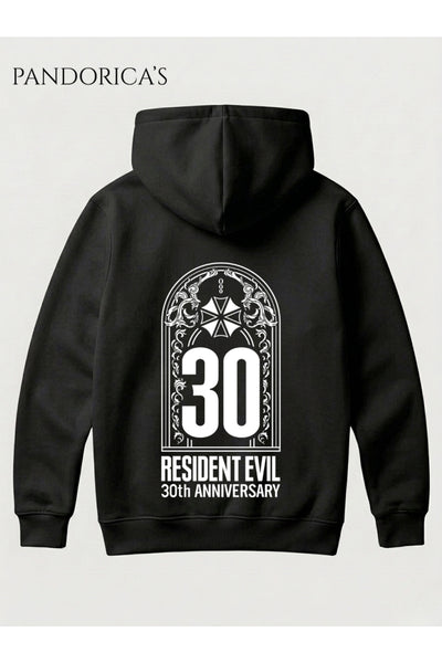 Resident Evil 30. Yıl Özel Tasarımı Yazılı SIRT ve ÖN Baskılı Unisex Kapüşonlu Pamuklu Gamer Sweatshirt Hoodie