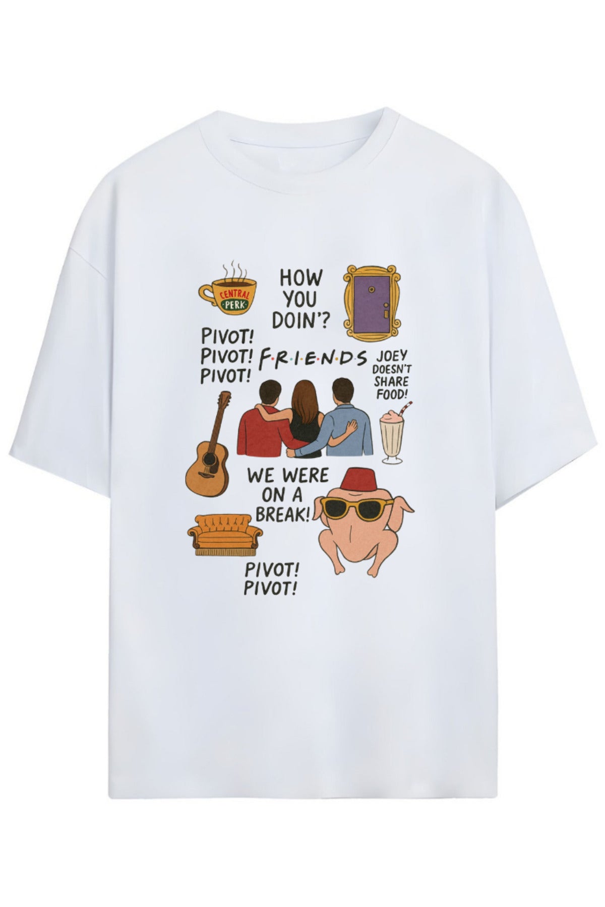 Beyaz Friends Tasarımı Unisex Pamuklu T-Shirt - 29