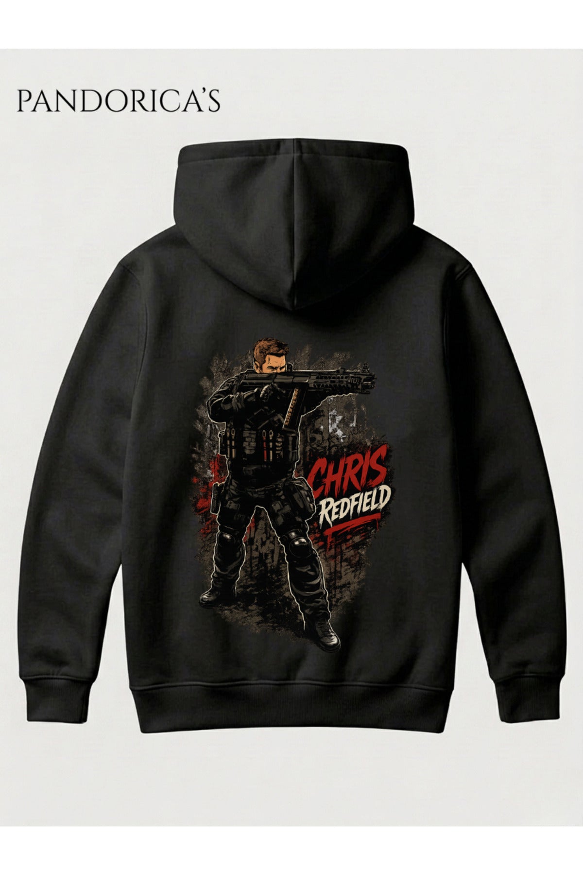 Siyah Resident Evil Chris Redfield Tasarımı Yazılı Sırt Baskılı Unisex Kapüşonlu Pamuklu Gamer Sweatshirt Hoodie - 15