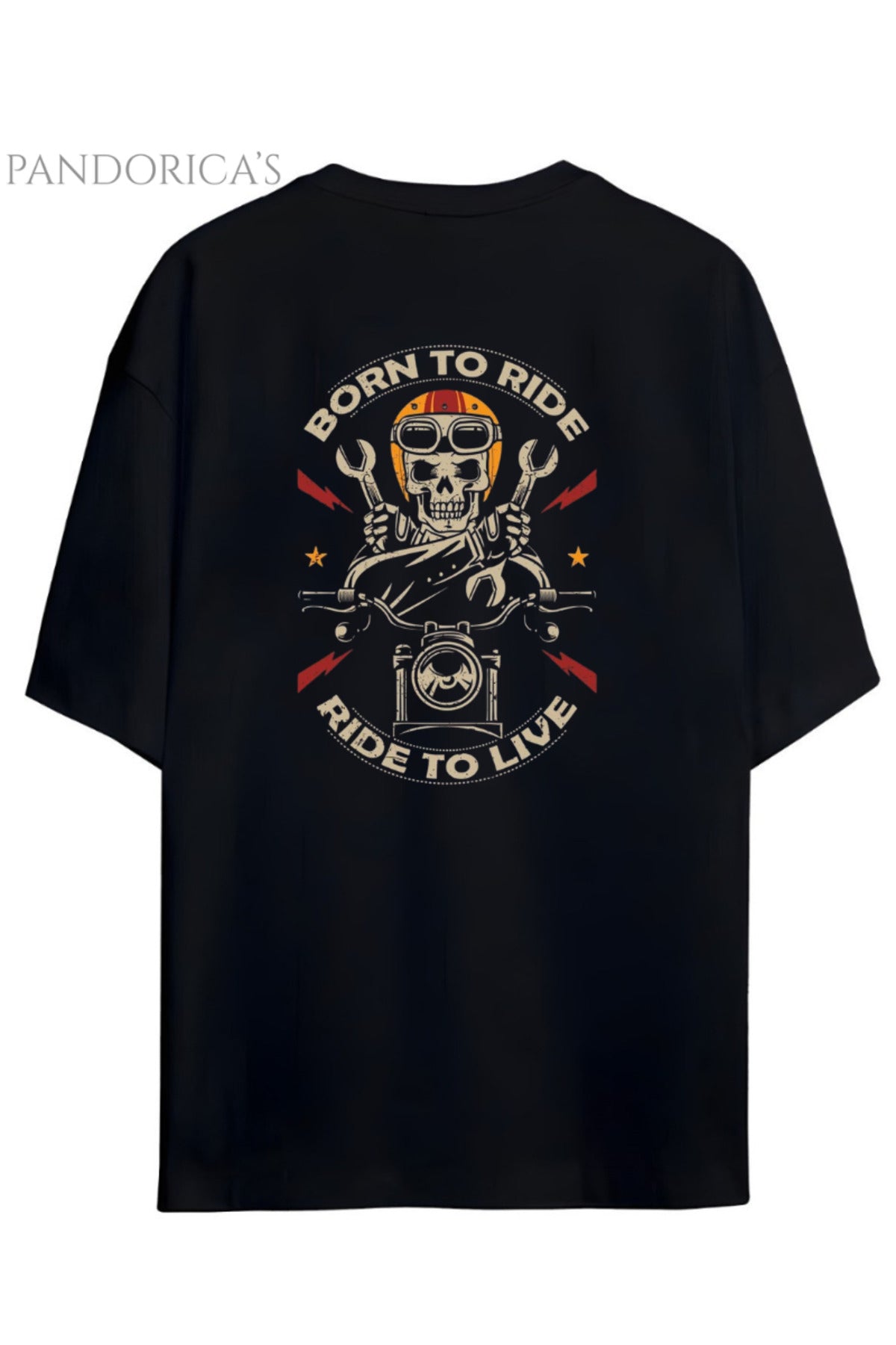 Pandorica's Motorcu Tasarımı Sırt Baskılı "Born To Ride,Ride To Live" Yazılı Unisex Pamuklu T-Shirt