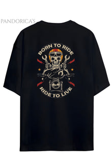 Pandorica's Motorcu Tasarımı Sırt Baskılı "BORN TO RIDE,RIDE TO LIVE" Yazılı Unisex Pamuklu T-shirt