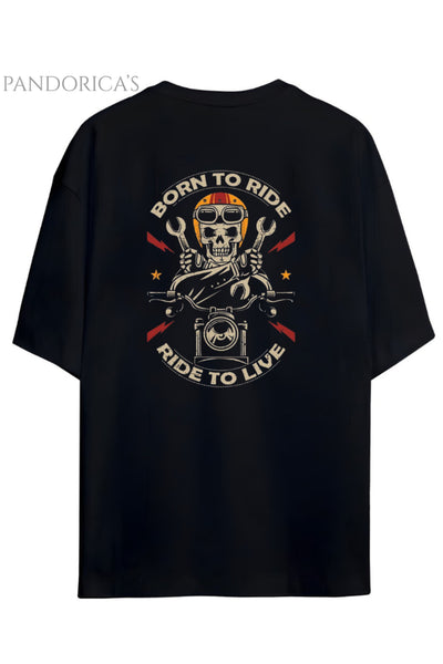 Pandorica's Motorcu Tasarımı Sırt Baskılı "BORN TO RIDE,RIDE TO LIVE" Yazılı Unisex Pamuklu T-shirt