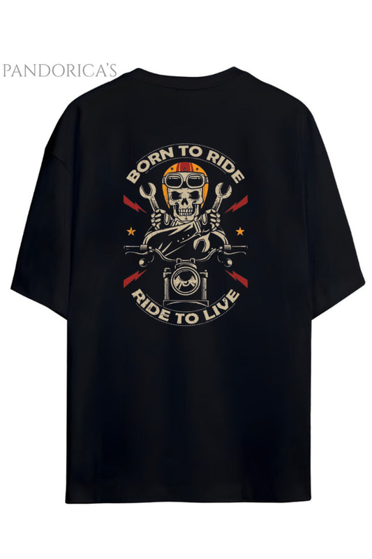 Pandorica's Motorcu Tasarımı Sırt Baskılı "BORN TO RIDE,RIDE TO LIVE" Yazılı Unisex Pamuklu T-shirt