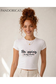 Sex And The City Tasarım Serisi Carrie Bradshaw İkonik Replik "SHOPPING IS MY CARDIO" Yazılı Baskılı Slim Fit Likralı Tişört 