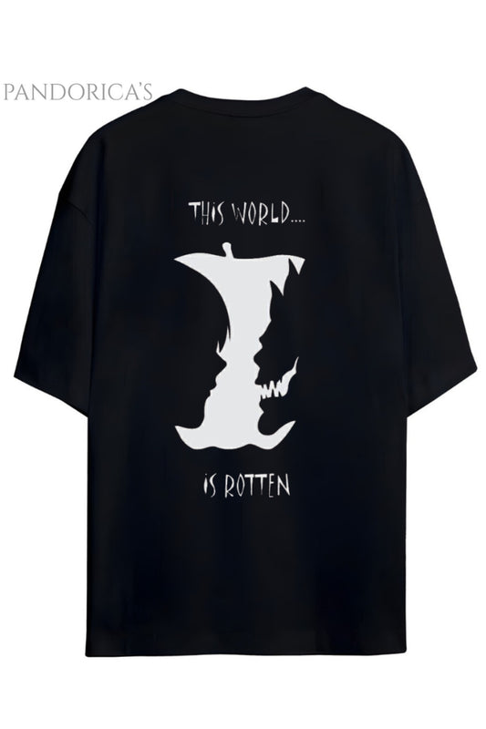 DEATH NOTE ANİME TASARIM SERİSİ KİRA VE RYUK "THIS WORLD IS ROTTEN" YAZILI SIRT VE ÖN BASKILI UNISEX PAMUKLU TİŞÖRT