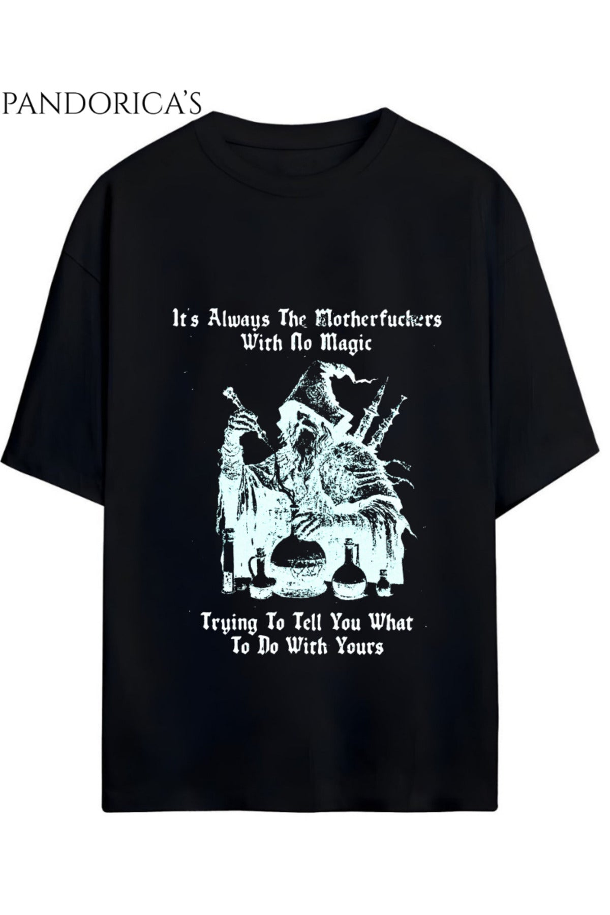 Pandorica's Tasarımı Yazılı Büyücü Baskılı Gothic Vintage Graphic Unisex Pamuklu T-Shirt (Relaxed Kalıp)
