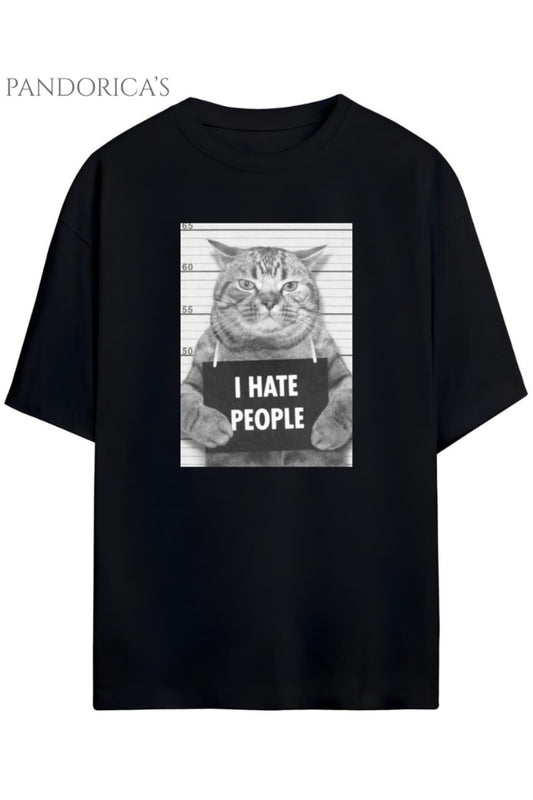 Pandorica's İronik Kedi Tasarim Baskılı I Hate People Yazılı Unisex Pamuklu T-shirt