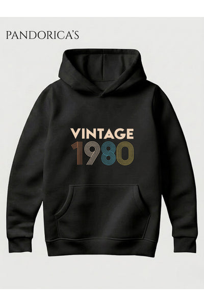 VINTAGE 1980 DOĞUM YILI YAZILI BASKILI RETRO TASARIM UNISEX KAPÜŞONLU PAMUKLU SWEATSHIRT HOODIE
