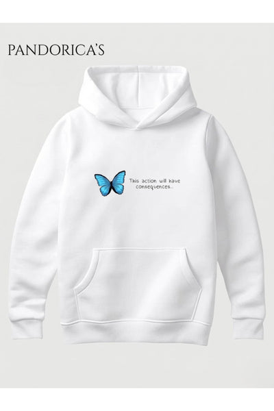 LIFE IS STRANGE Tasarımı "This Action Will Have Consequences..." Yazılı Kelebek Baskılı Unisex Kapüşonlu Pamuklu Sweatshirt Hoodie