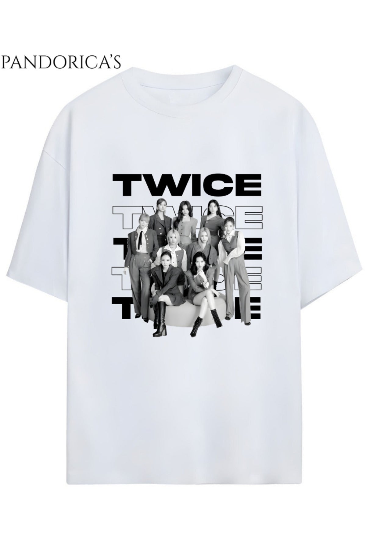 Beyaz BLACKPINK Tasarım Serisi "Twice" Yazılı Baskılı Unisex Relaxed Kalıp Tişört - 141