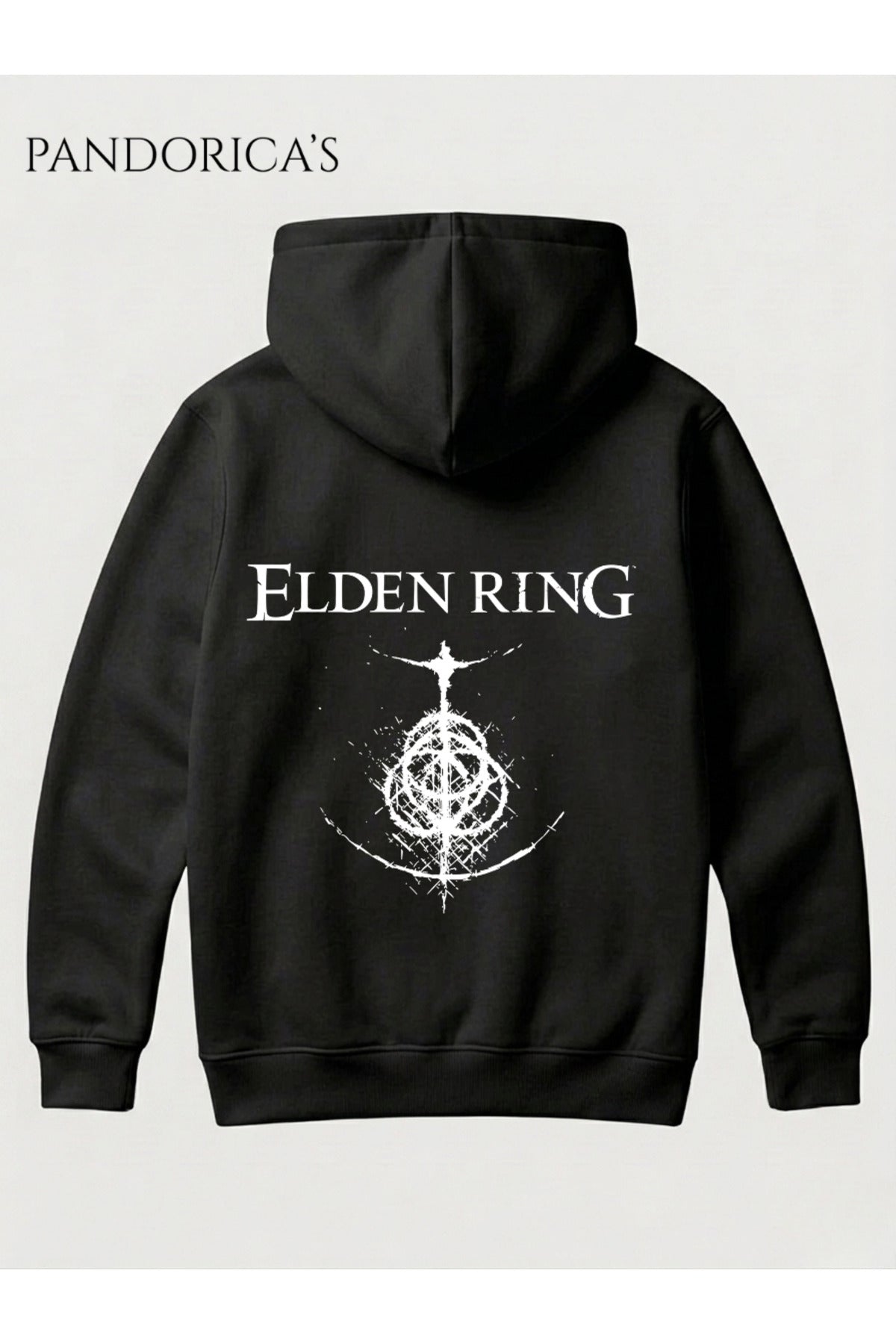 Siyah Elden Ring Minamal Tasarımı Yazılı Sırt Baskılı Unisex Kapüşonlu Pamuklu Sweatshirt Gamer Hoodie - 132