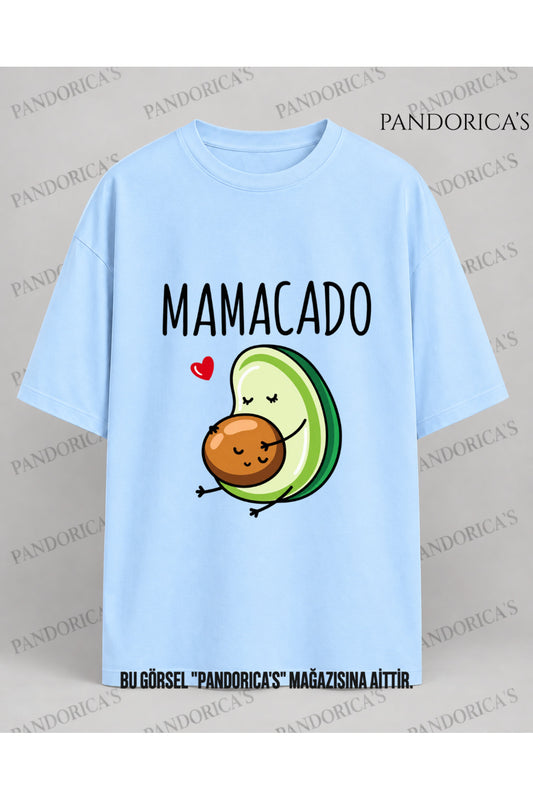 Kadın Hamile Temalı "MAMACADO" Sevimli Avokado Baskılı Oversize %100 Pamuk Tişört Bisiklet Yaka