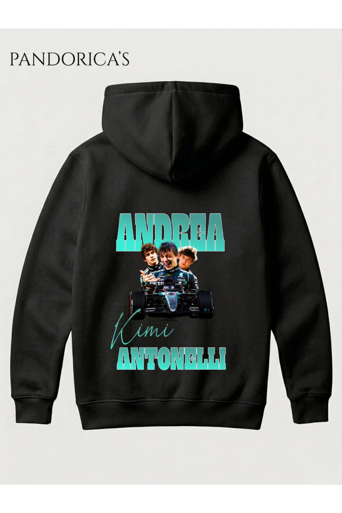 Siyah Kimi Antonelli 12 Tasarımı Sırt Ve Göğüs Baskılı Unisex Kapüşonlu Pamuklu Sweatshirt (Hoodie) - 60