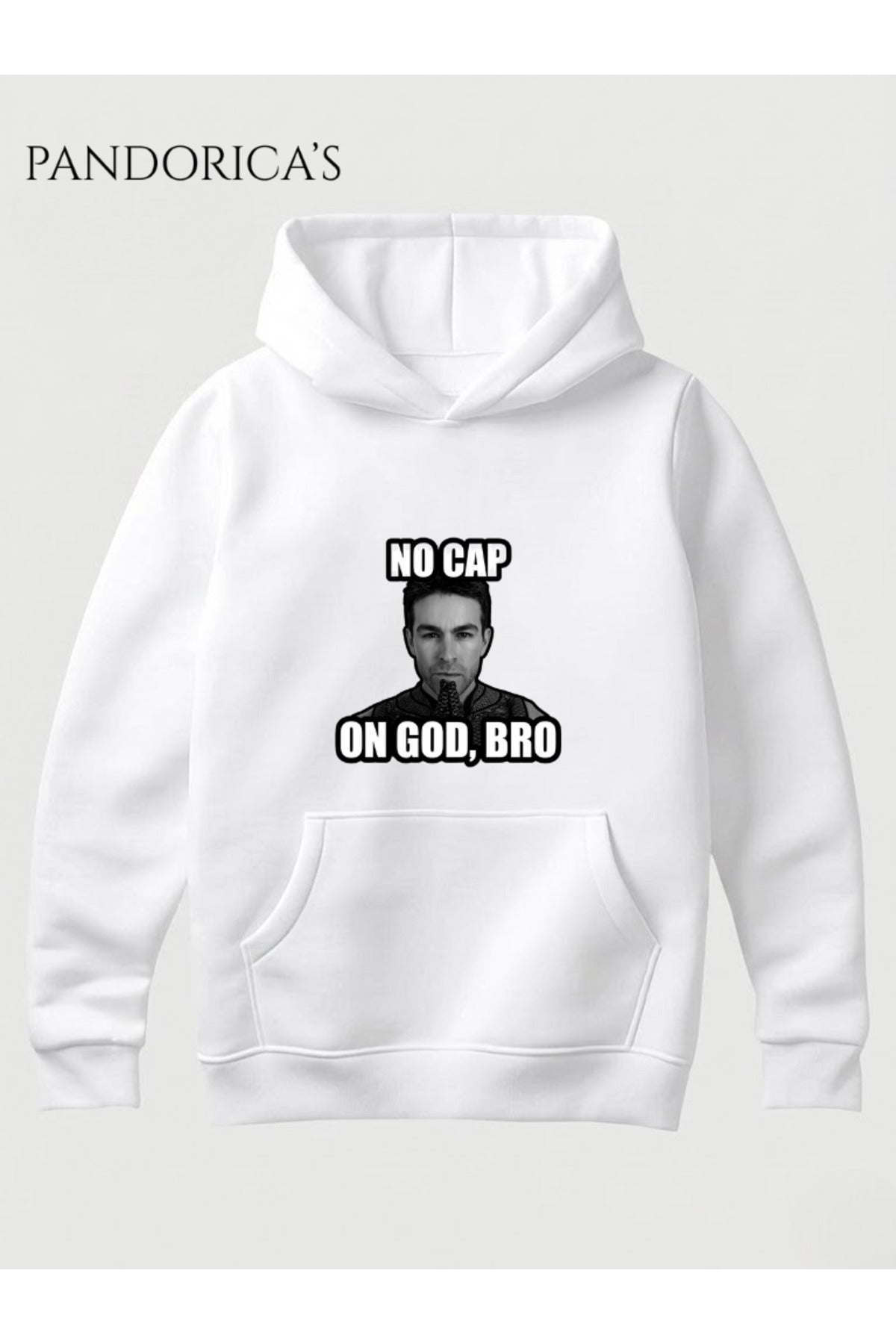 Beyaz The Boys Deep Meme Tasarımı "No Cap On God, Bro" Yazılı Baskılı Unisex Kapüşonlu Pamuklu Sweatshirt Hoodie - 105