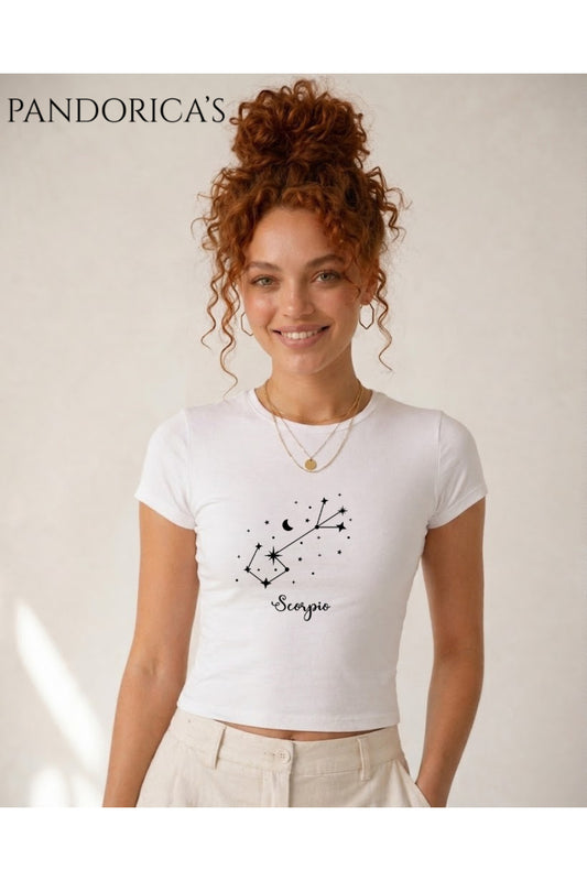PANDORICA'S ASTROLOJİ & ZODYAK SERİSİ -AKREP-BURCU TAKIMYILDIZI BASKILI SLIM FIT LİKRALI CROP TİŞÖRT(BODY TEE)