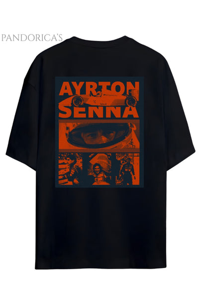 Pandorica's Ayrton Senna Tasarımı Sırt ve Göğüste İmza Baskılı Unisex Pamuklu T-shirt