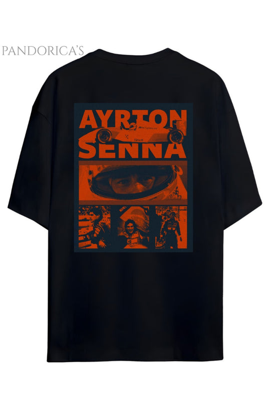 Pandorica's Ayrton Senna Tasarımı Sırt ve Göğüste İmza Baskılı Unisex Pamuklu T-shirt