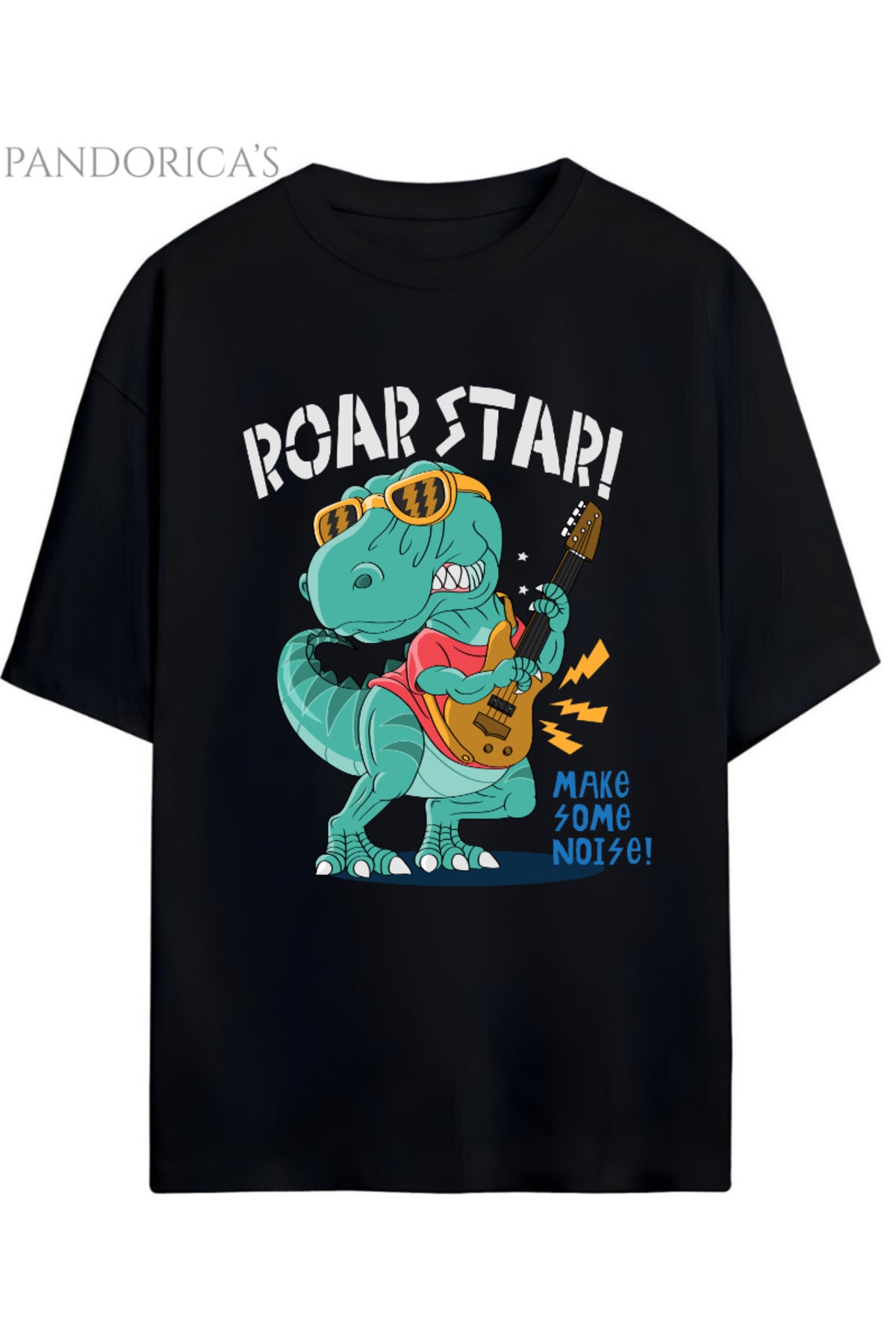 Siyah Dino Tasarım Serisi Rocker Dino "Roar Star" Dinazor Baskılı Yazılı Pamuklu Unisex Tişört - 21