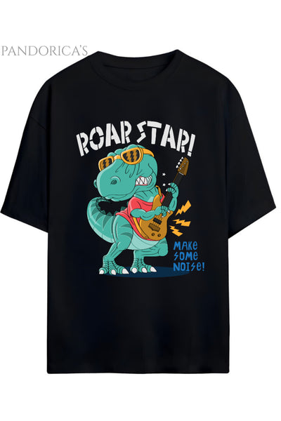 DİNO Tasarım Serisi Rocker Dino "ROAR STAR" Dinazor Baskılı Yazılı Pamuklu Unisex Tişört