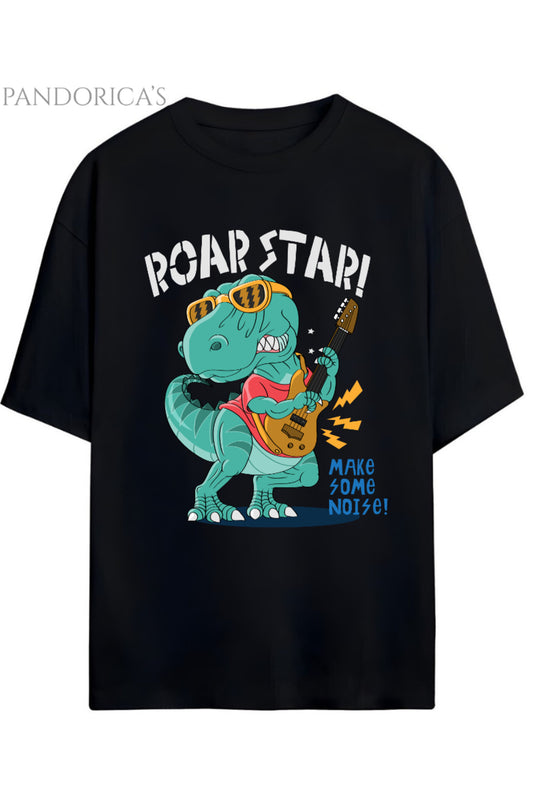 DİNO Tasarım Serisi Rocker Dino "ROAR STAR" Dinazor Baskılı Yazılı Pamuklu Unisex Tişört