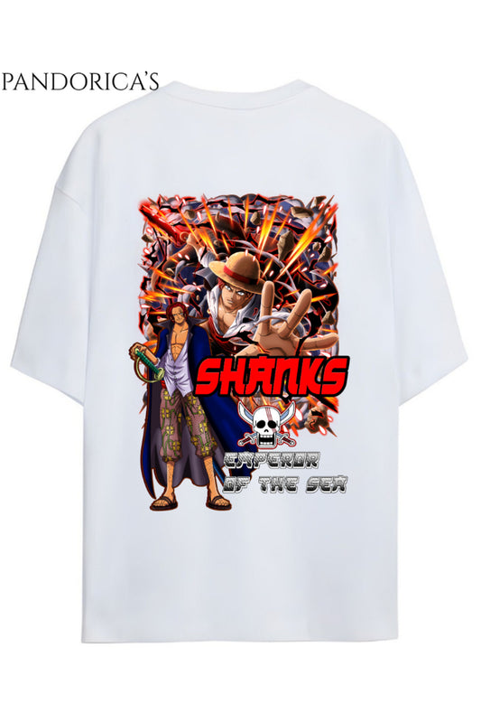 ONE PIECE TASARIM SERİSİ "SHANKS" SIRT BASKILI YAZILI UNISEX PAMUKLU TİŞÖRT