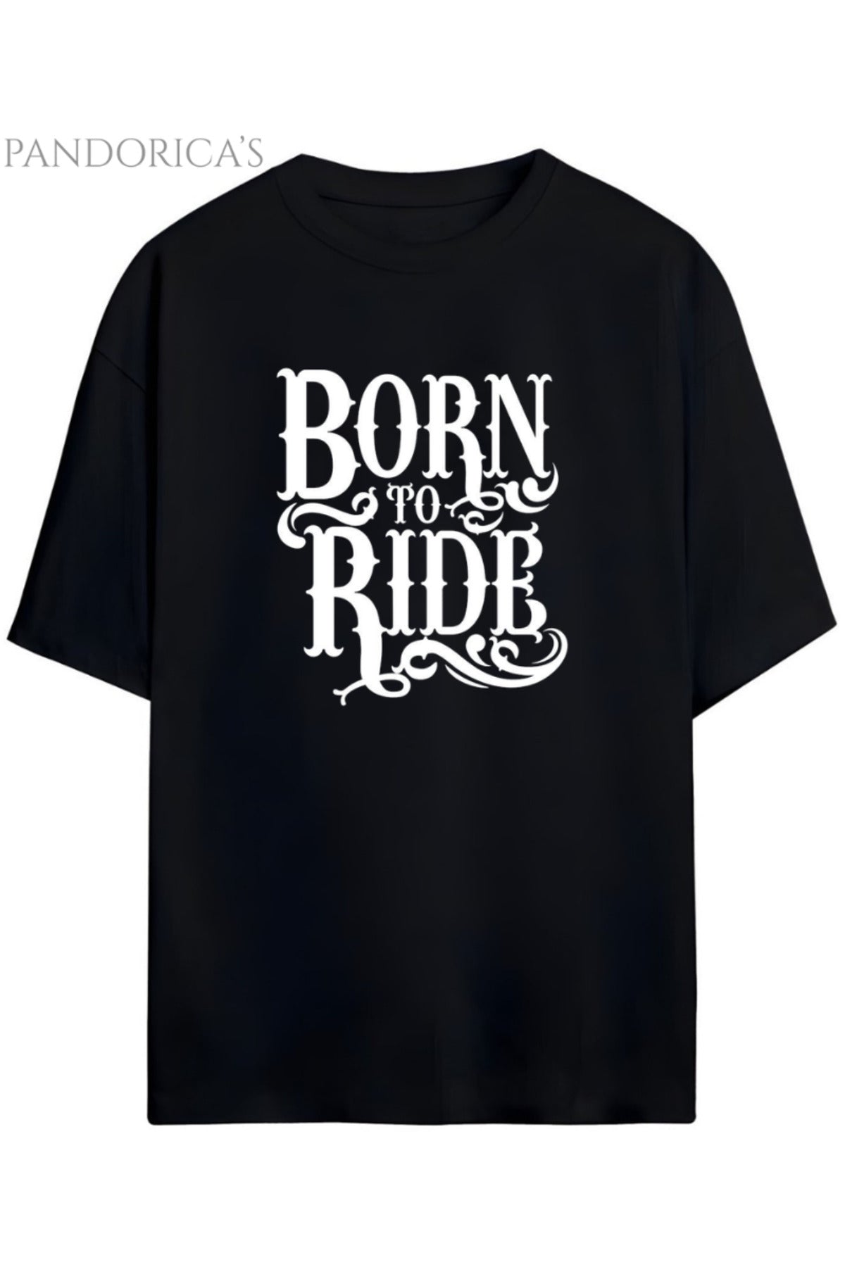 Pandorica's Motorcu Tasarımı Baskılı "Born To Ride" Yazılı Unisex Pamuklu T-Shirt