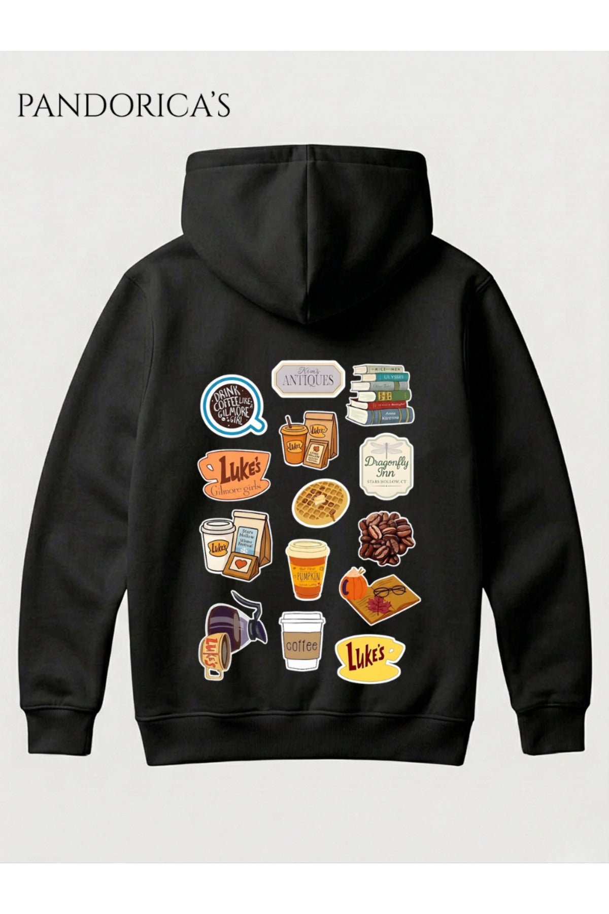 Siyah Gilmore Girls İkonik Semboller Tasarımı Yazılı Sırt Baskılı Unisex Kapüşonlu Pamuklu Sweatshirt Hoodie - 6