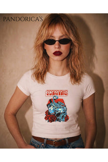 SCORPIONS Tasarımı Slim Fit Likralı Crop Pamuklu Penye Kadın Tişört (Body Tee)