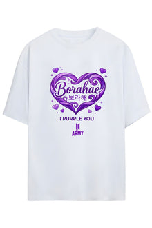 BTS K-Pop Baskılı "BORAHAE I PURPLE YOU BTS ARMY" Yazılı Relaxed Kalıp Pamuklu Unisex Tişört