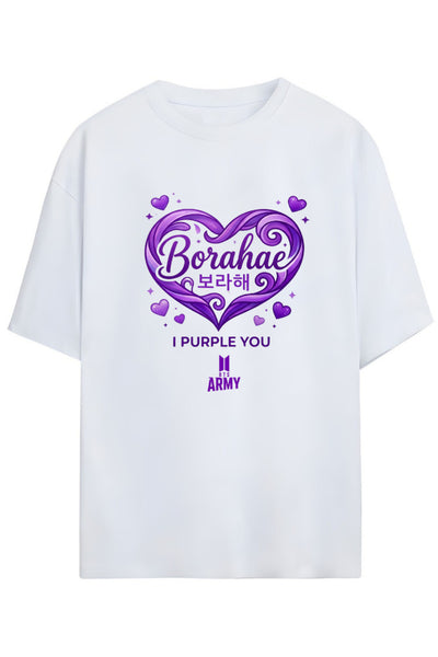 BTS K-Pop Baskılı "BORAHAE I PURPLE YOU BTS ARMY" Yazılı Relaxed Kalıp Pamuklu Unisex Tişört