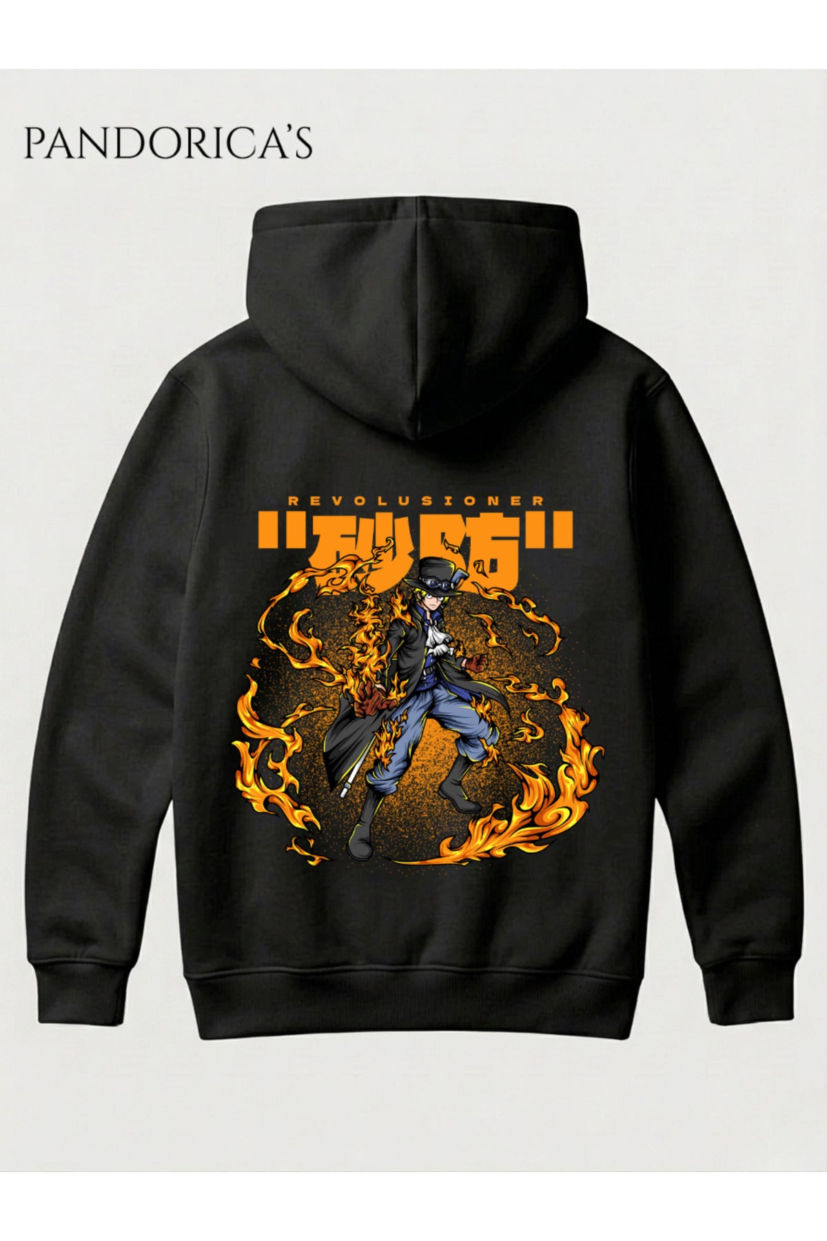 Siyah One Piece Özel Tasarım Serisi "Revolusioner" Yazılı Sırt Baskılı Unisex Kapüşonlu Pamuklu Sweatshirt (Hoodie) - 9