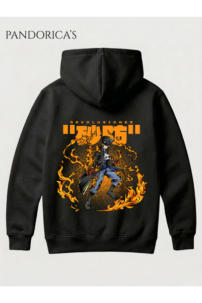 One Piece Özel Tasarım Serisi "REVOLUSIONER" Yazılı Sırt Baskılı Unisex Kapüşonlu Pamuklu Sweatshirt (Hoodie)