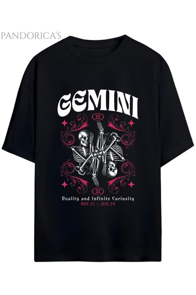 Gothic Zodyak Tasarım Serisi Gemini (İkizler Burcu) Yazılı Baskılı Pamuklu Unisex Tişört