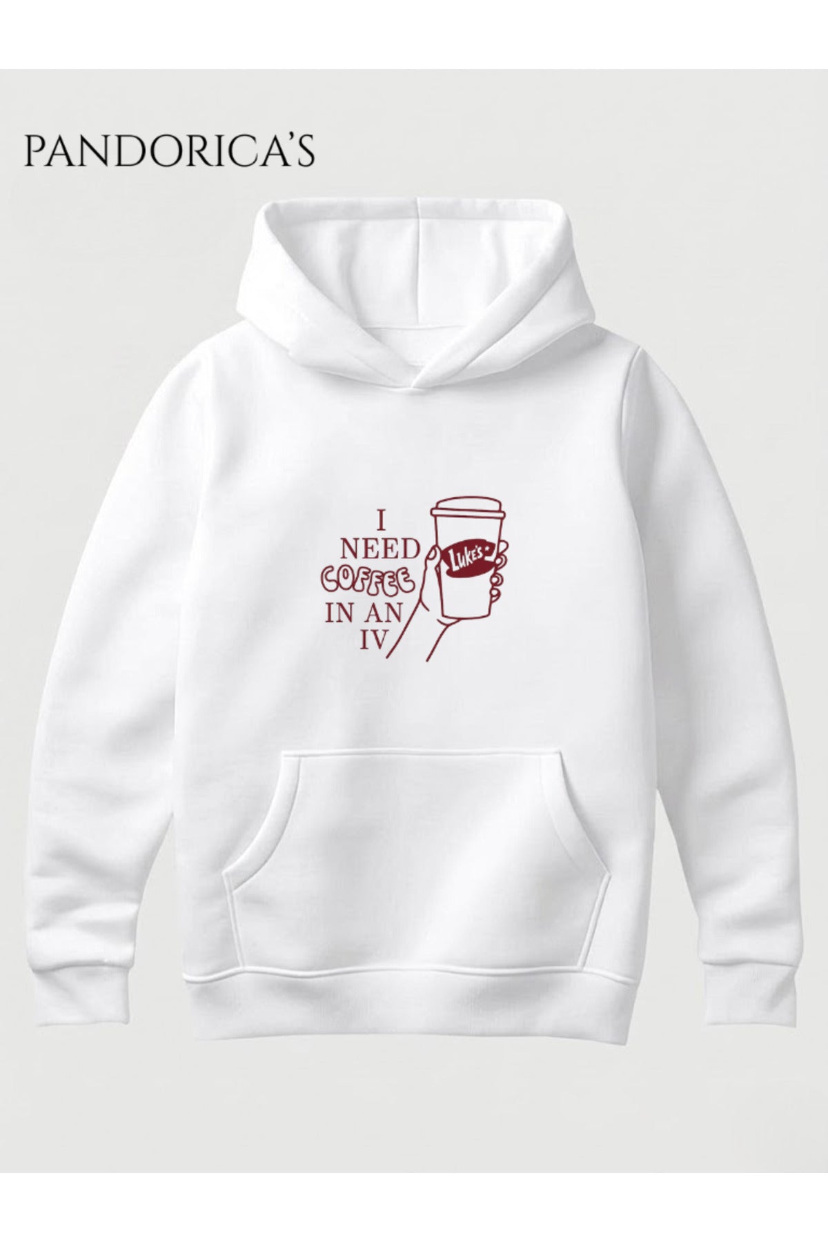 Beyaz Gilmore Girls "I Need Coffee In An IV" Lorelai Gilmore Kahve Tasarımı Yazılı Baskılı Unisex Kapüşonlu Pamuklu Sweatshirt Hoodie - 87