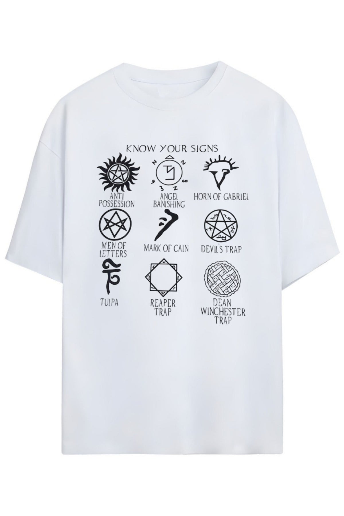 Beyaz Supernatural Tasarımı Unisex Pamuklu T-Shirt - 69