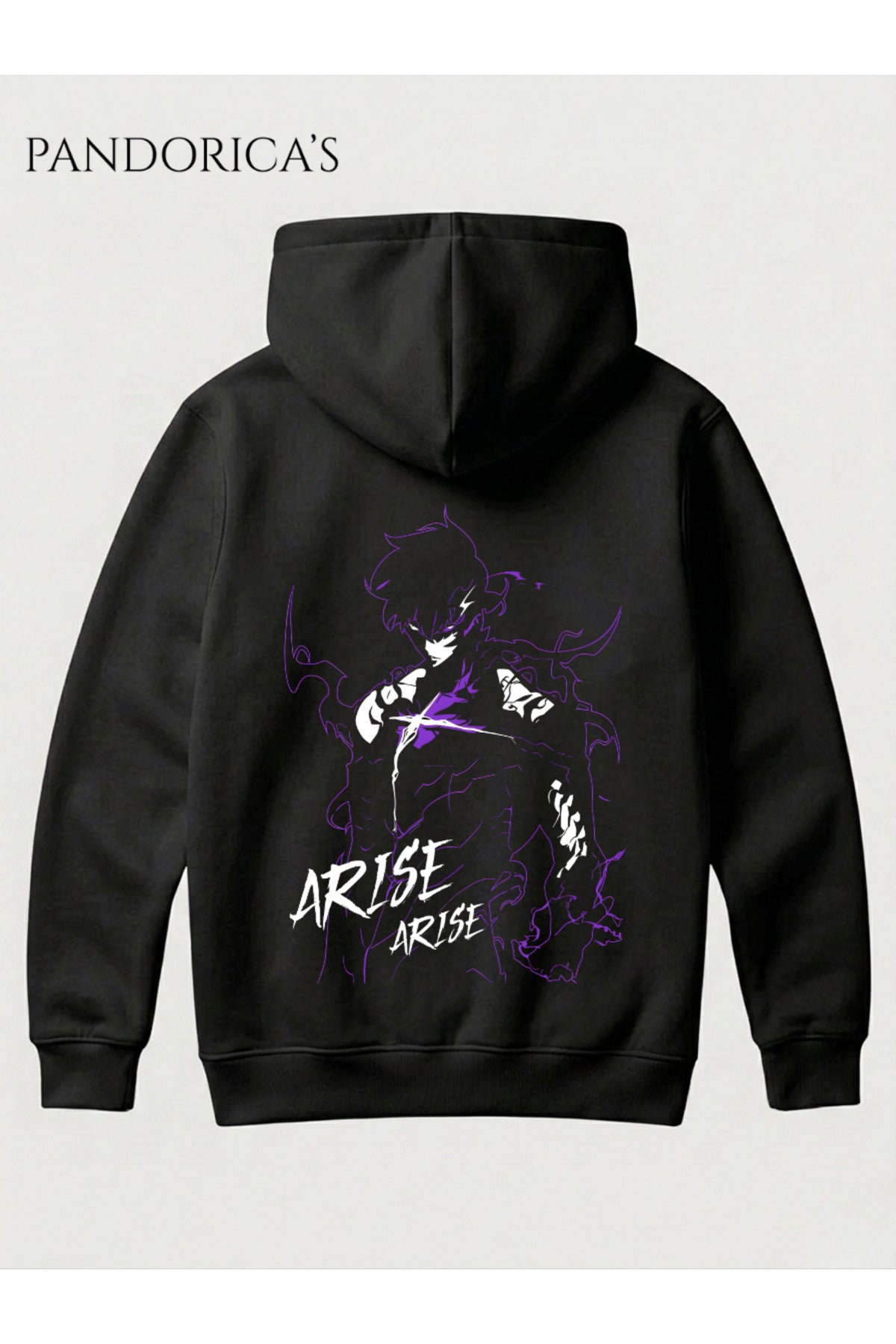 Siyah Solo Leveling Anime Sung Jinwoo Tasarımı" Arise" Yazılı Sırt Baskılı Unisex Kapüşonlu Pamuklu Sweatshirt Hoodie - 51