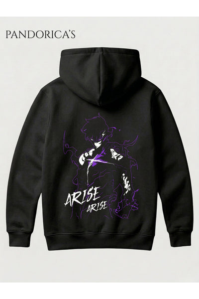 SOLO LEVELING ANİME SUNG JINWOO Tasarımı"ARISE" Yazılı SIRT Baskılı Unisex Kapüşonlu Pamuklu Sweatshirt Hoodie