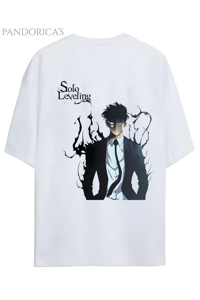 Solo Leveling Anime Tasarım Serisi Sung Jinwoo Yazılı Sırt Baskılı Pamuklu Unisex Tişört