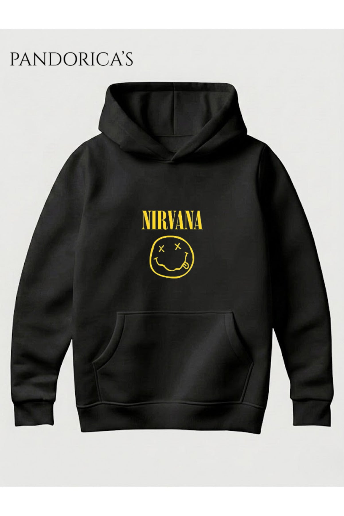 Siyah Nirvana Tasarımı Yazılı Baskılı Unisex Kapüşonlu Pamuklu Sweatshirt Kanguru Cep Hoodie - 150