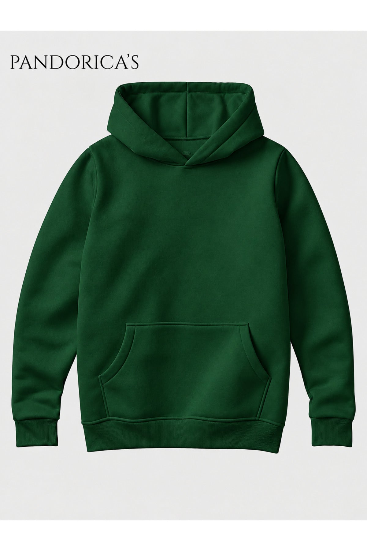 Unisex Koyu Yeşil %100 Pamuk 3 İplik Kışlık Kapüşonlu Kanguru Cepli Basic Sweatshirt (Hoodie)