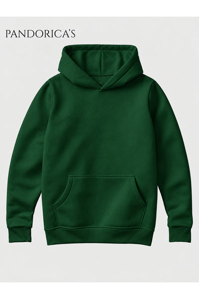 Unisex Koyu Yeşil %100 Pamuk 3 İplik Kışlık Kapüşonlu Kanguru Cepli Basic Sweatshirt (Hoodie)