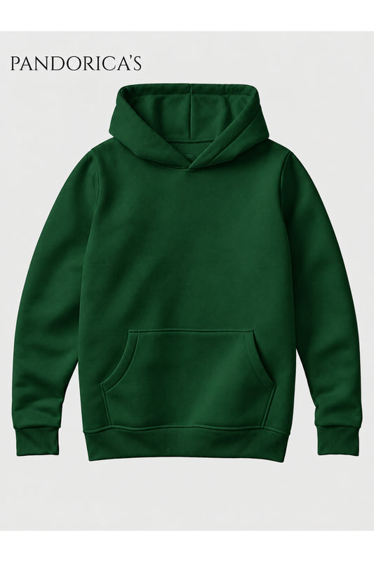 Unisex Koyu Yeşil %100 Pamuk 3 İplik Kışlık Kapüşonlu Kanguru Cepli Basic Sweatshirt (Hoodie)