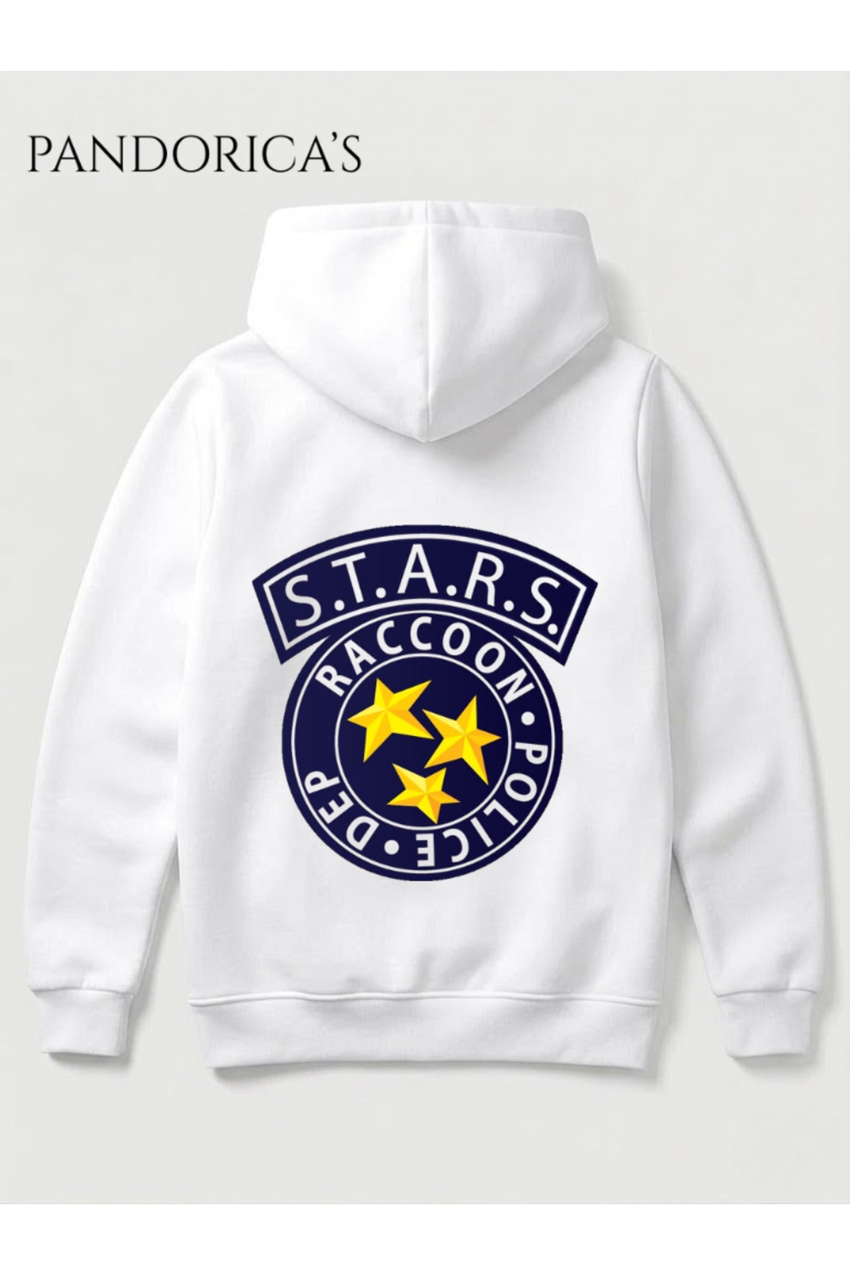 Beyaz Resident Evil "R.P.D S.T.A.R.S Racoon Police Dep." Tasarımı Yazılı Sırt Ve Göğüs Baskılı Unisex Kapüşonlu Pamuklu Gamer Sweatshirt Hoodie - 160