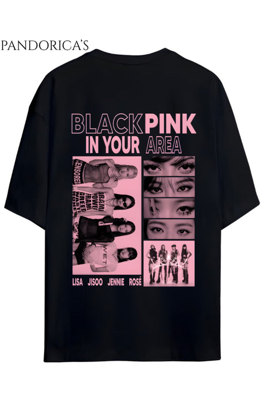BLACKPINK Tasarım Serisi "BLACKPINK IN YOUR AREA" Yazılı Sırt Baskılı Unisex Relaxed Kalıp Tişört