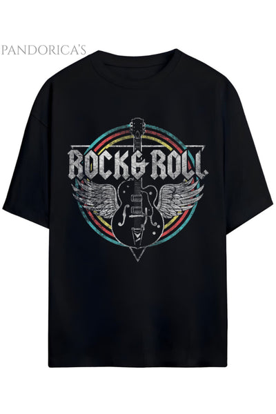 Pandorica's ROCK TASARIM SERİSİ ROCK&ROLL Yazılı Gitar Baskılı Unisex Pamuklu T-shirt