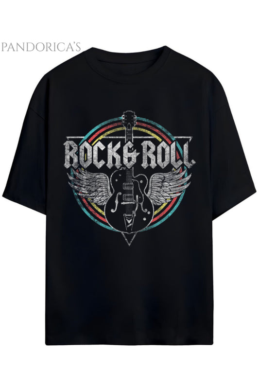 Pandorica's ROCK TASARIM SERİSİ ROCK&ROLL Yazılı Gitar Baskılı Unisex Pamuklu T-shirt