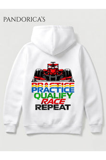 Motor Yarış Tutkunları İçin "RACE WEEK" Tasarımı "PRACTICE -QUALIFY- RACE - REPEAT "Yazılı Sırt ve ÖN Baskılı Unisex Kapüşonlu Pamuklu Sweatshirt (Hoodie)