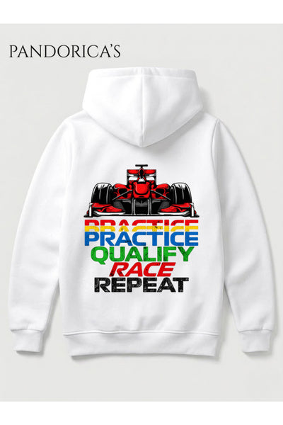 Motor Yarış Tutkunları İçin "RACE WEEK" Tasarımı "PRACTICE -QUALIFY- RACE - REPEAT "Yazılı Sırt ve ÖN Baskılı Unisex Kapüşonlu Pamuklu Sweatshirt (Hoodie)