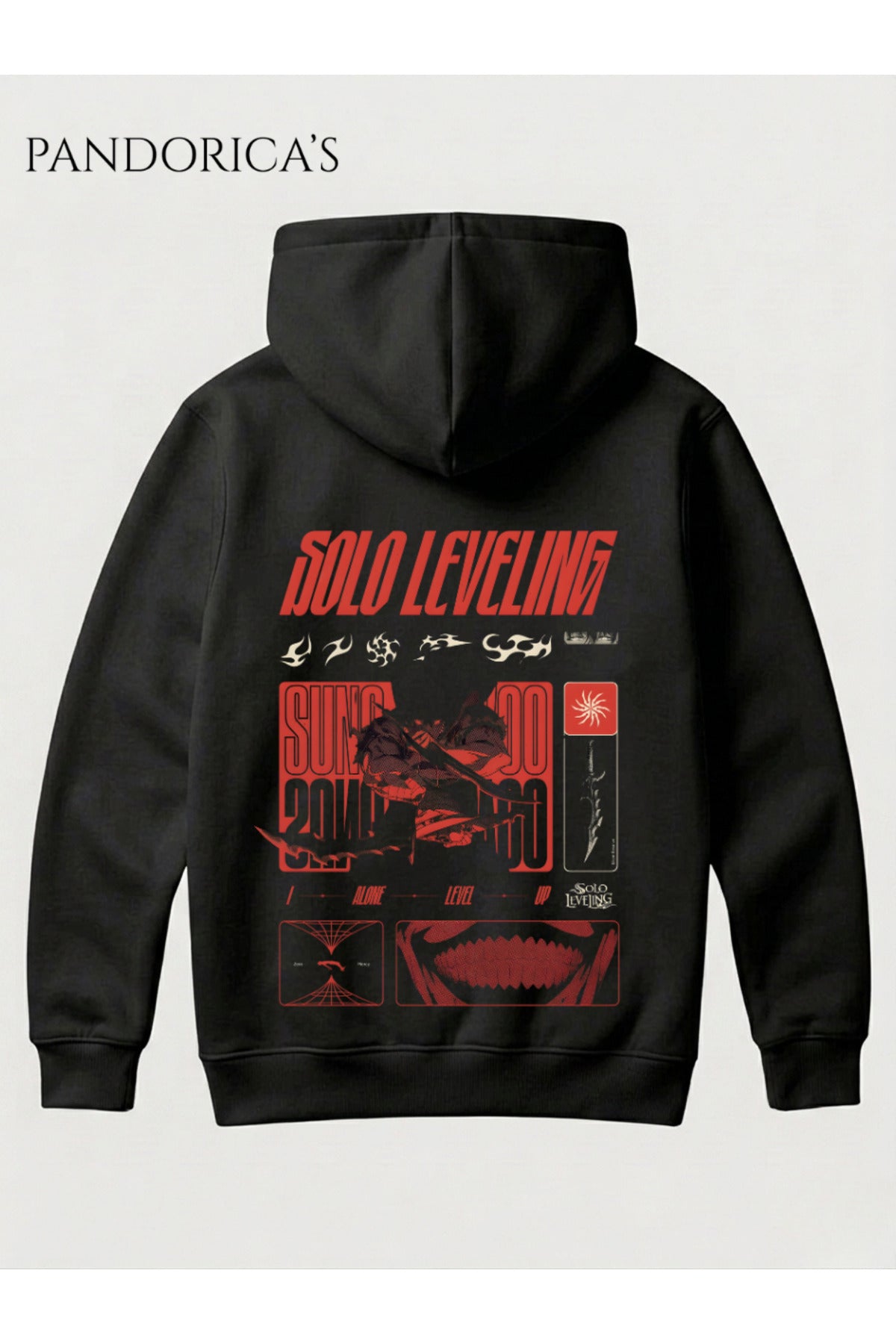 Siyah Solo Leveling Anime Sung Jinwoo Tasarımı Yazılı Sırt Baskılı Yazılı Baskılı Unisex Kapüşonlu Pamuklu Sweatshirt Hoodie - 96